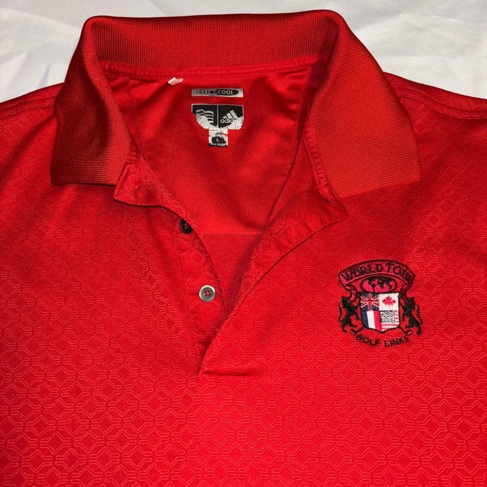 Adidas ClimaCool Golf Polo Shirt Mens Large‎ Red Textured World Tour Golf Links